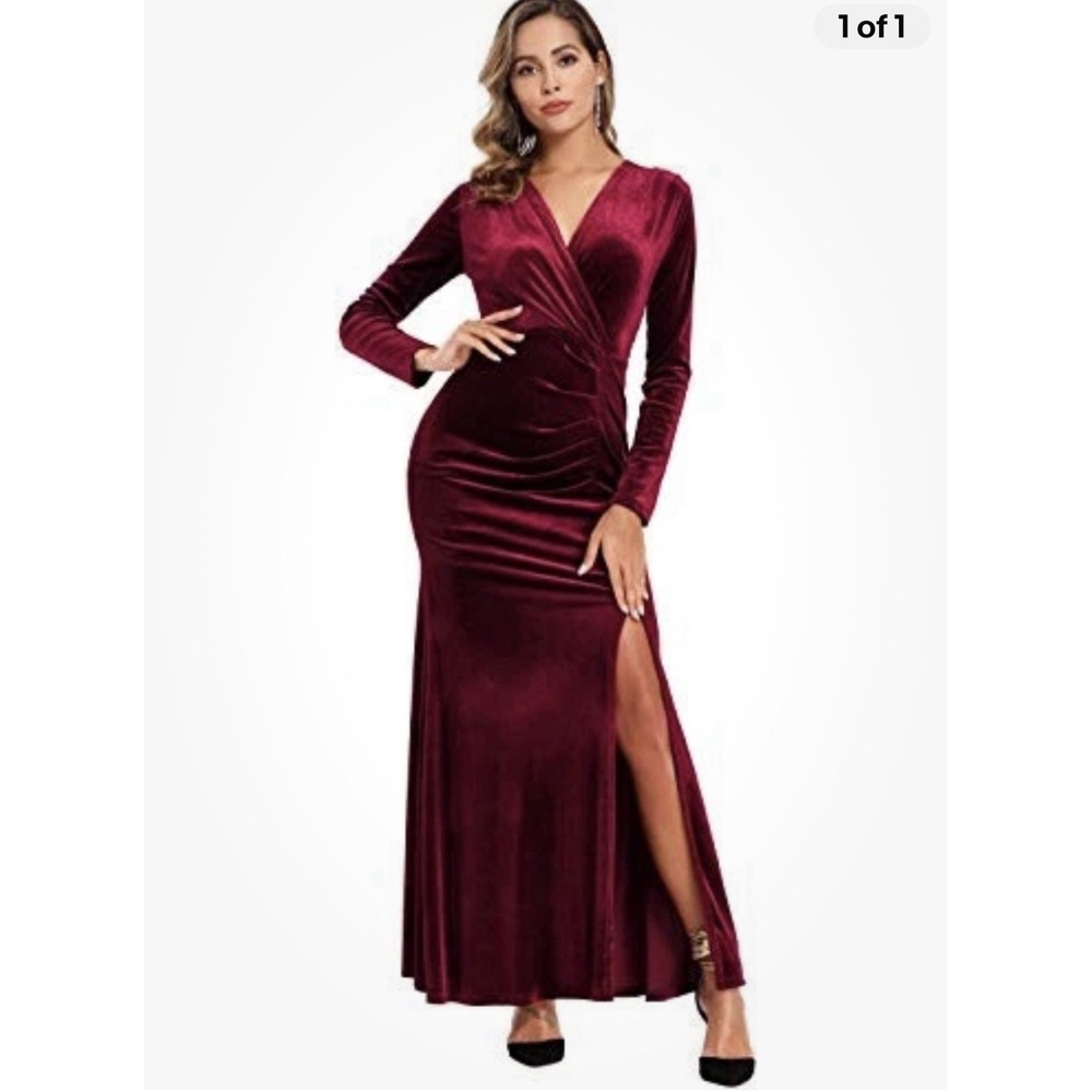 Dark Red Velvet Maxi Dress Omens Large VNeck LS Whimsigoth Sexy Vampire Vampcore